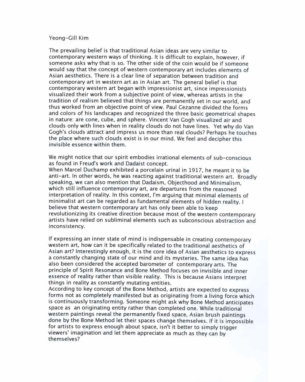 Yeong Gill Kim's Artist Statement, pg 1